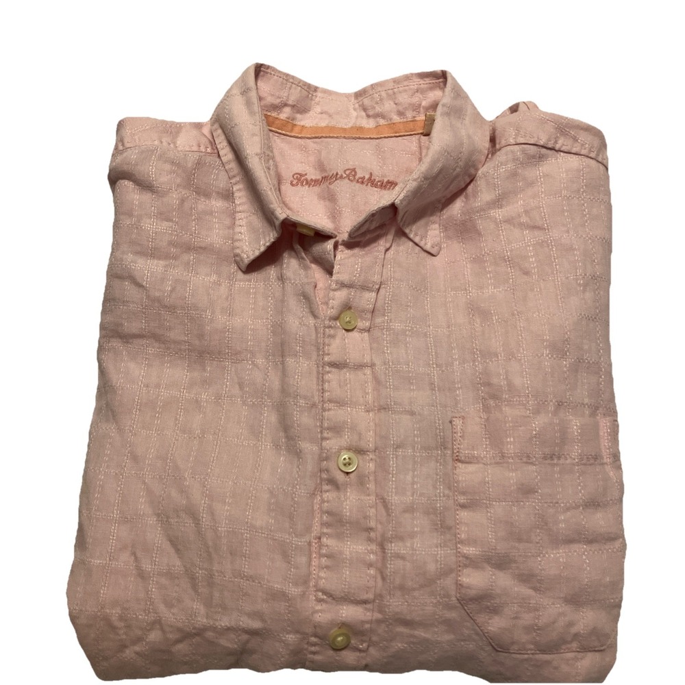 Tommy Bahama Shirt Mens Large Pink Check Linen Button‎ Up Long Sleeve